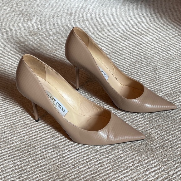 Jimmy Choo Love 85 Textured Leather Nude Tan Pumps Closed Toe Heels Size 7.5 - Picture 2 of 16
